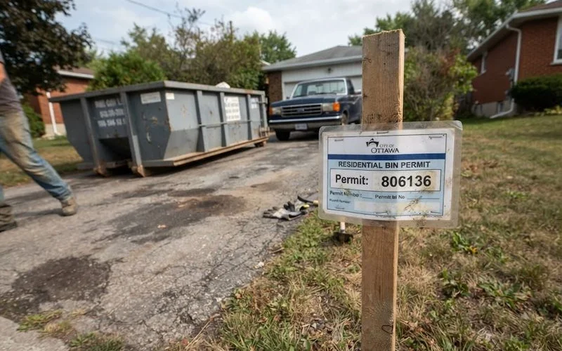 A dumpster bin permit sign posted near a residential driveway alongside a delivered bin