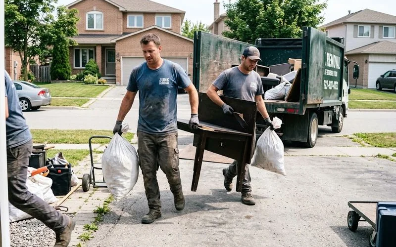 A junk removal crew responding quickly to load debris from a flooded basement into a truck