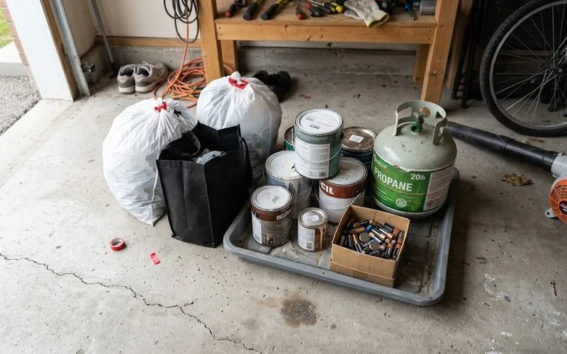 Household hazardous waste items like paint cans and a propane tank set aside separately from general junk