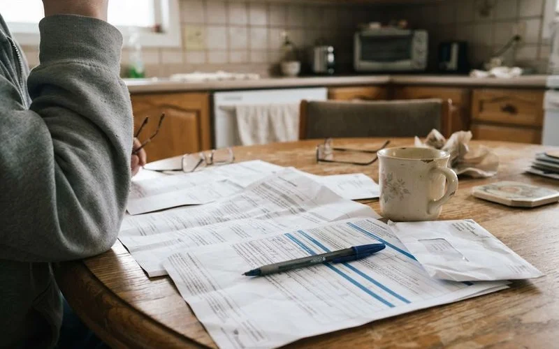 A junk removal company representative handing over a printed insurance document to a homeowner before a job