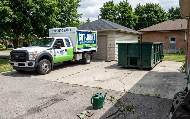 Side by side comparison of a junk removal truck being loaded and a roll-off dumpster sitting on a driveway