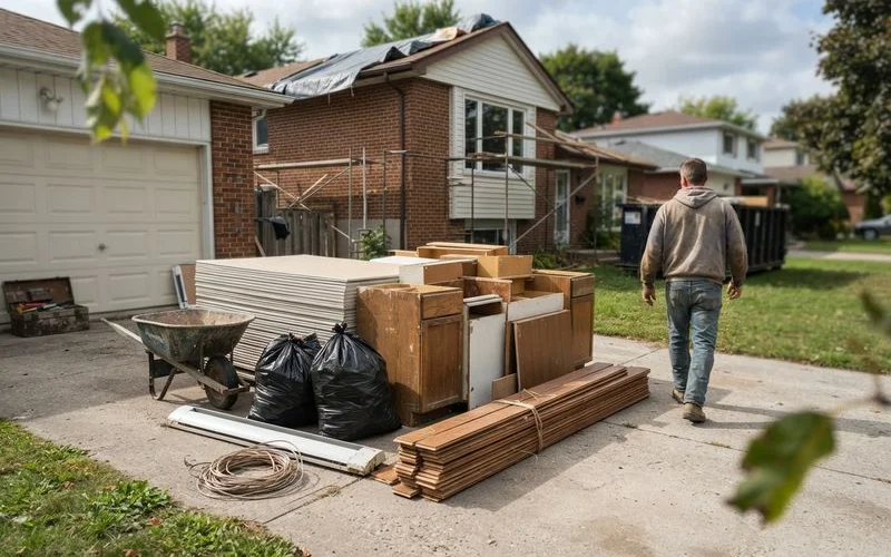 A pile of drywall and construction debris staged for pickup outside a home under renovation