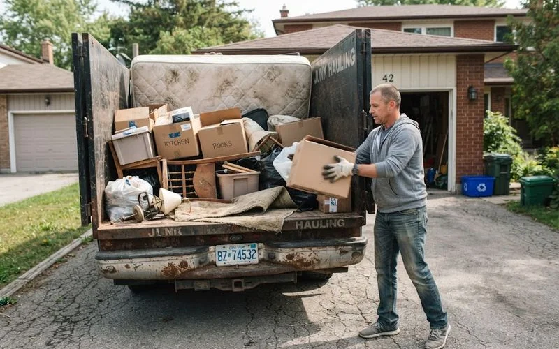 A loaded pickup truck bed with household furniture and boxes ready for a junk removal crew to haul away in Ontario